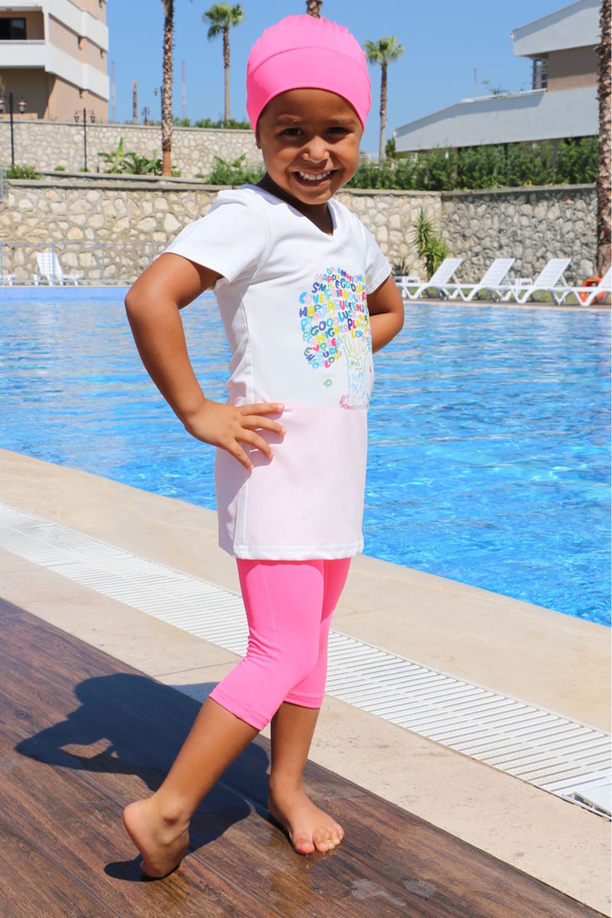 1708 Kids Swimsuit- White - Pink