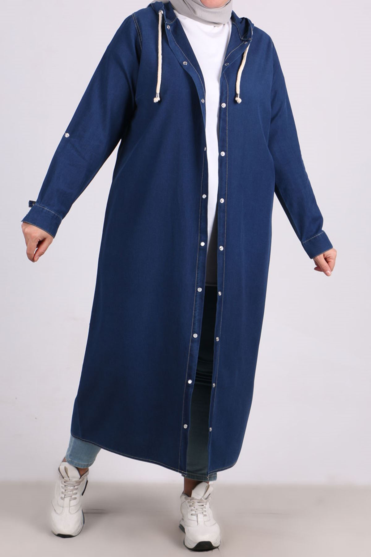 3148 Plus Size Snap Fastener Hooded Denim Jacket - Blue