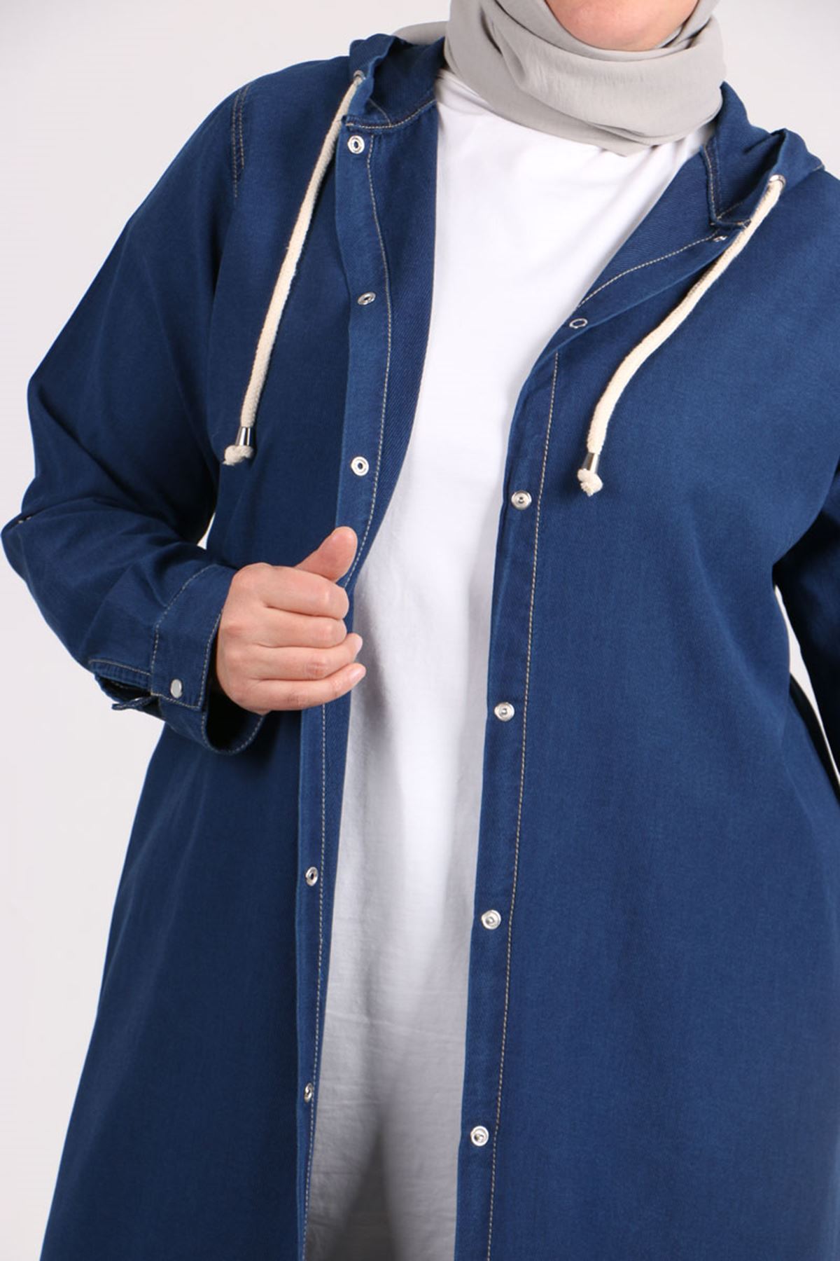 3148 Plus Size Snap Fastener Hooded Denim Jacket - Blue