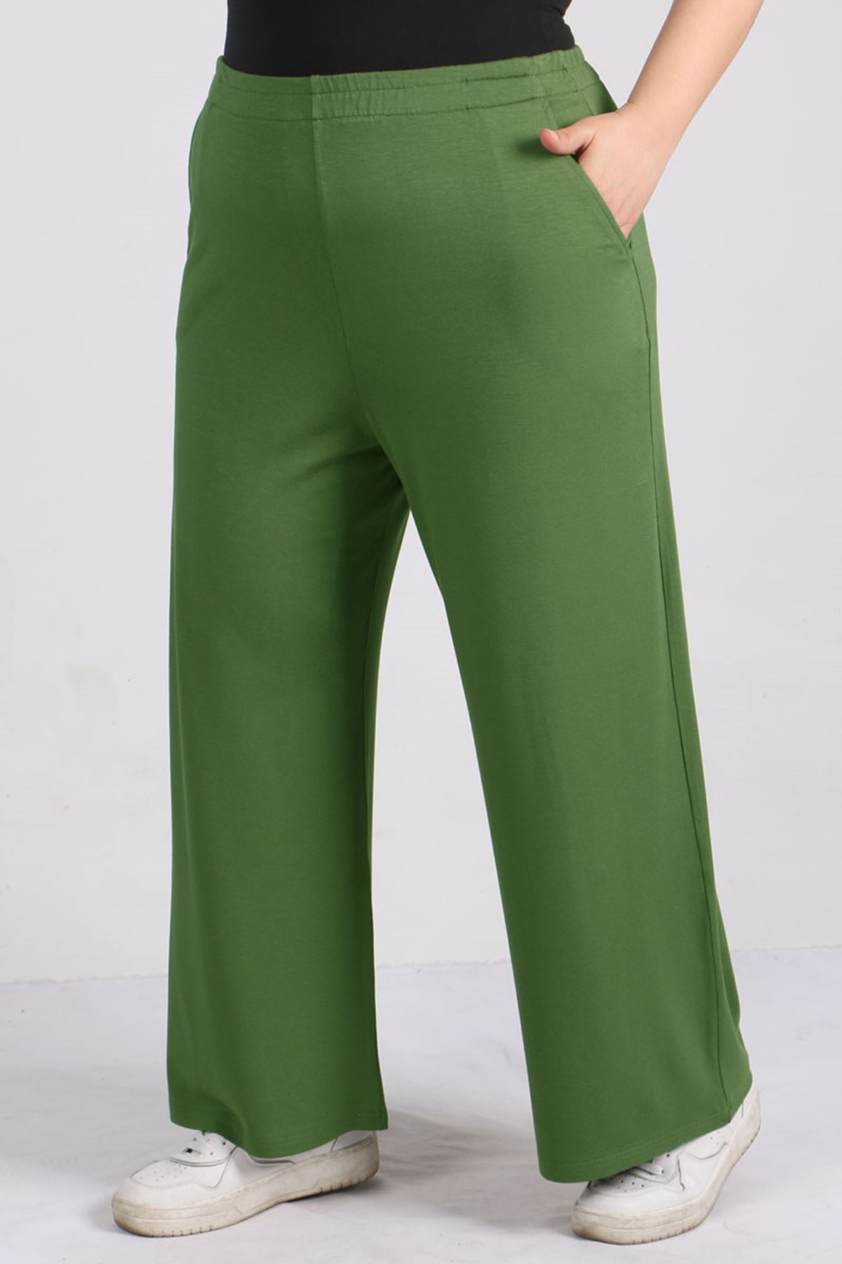 9012 Büyük Beden Beli Lastikli Penye Pantolon -Yeşil