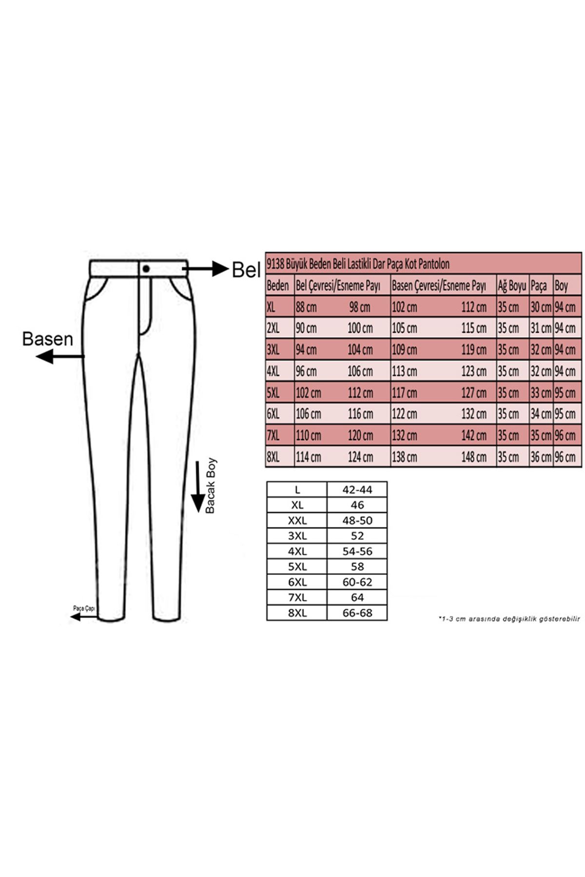 9138-1  Büyük Beden Beli Lastikli Tırnaklı Dar Paça Kot Pantolon-Açık Lacivert