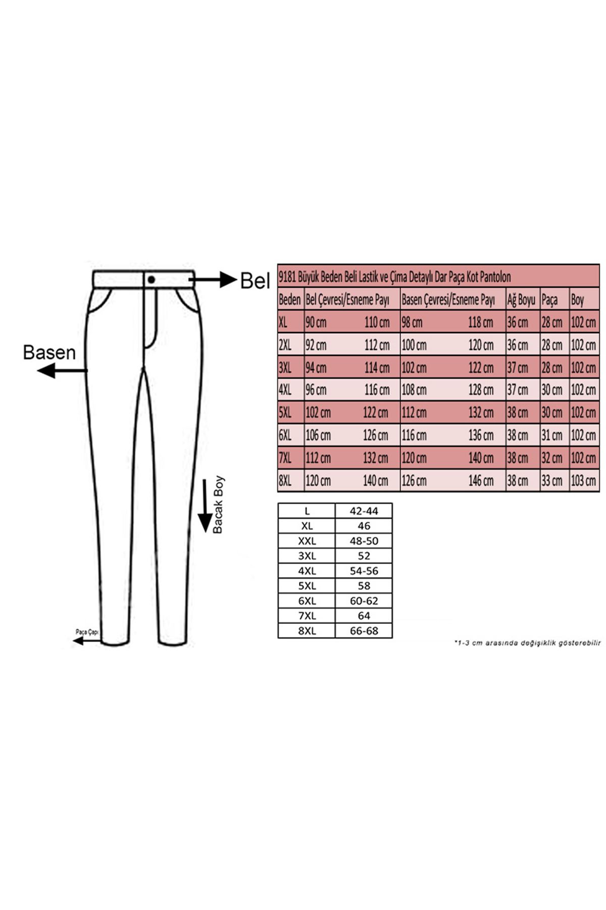 D-9181 Büyük Beden Defolu Beli Lastik ve Çima Detaylı Dar Paça Kot Pantolon - Koyu Lacivert