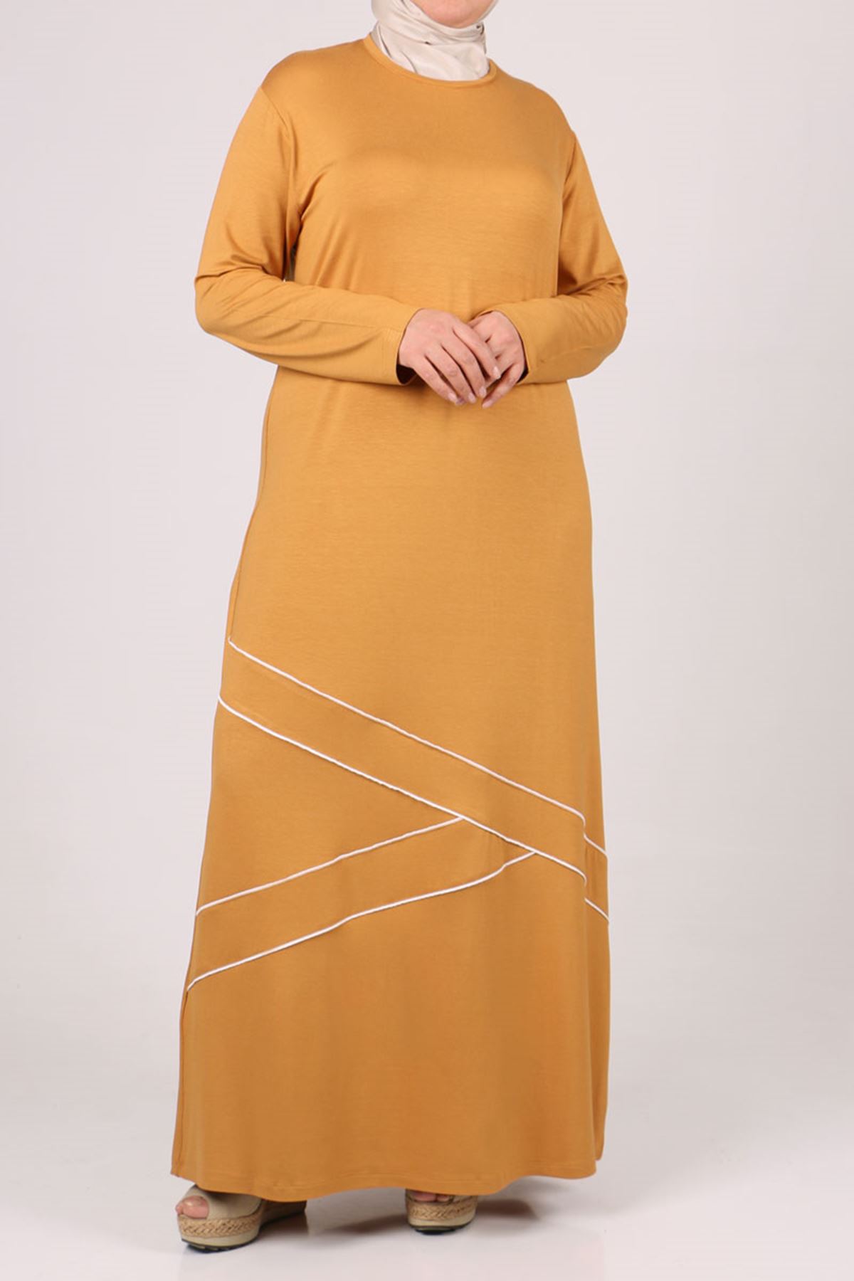 22009 Büyük Beden Biyeli Penye Elbise - Safran