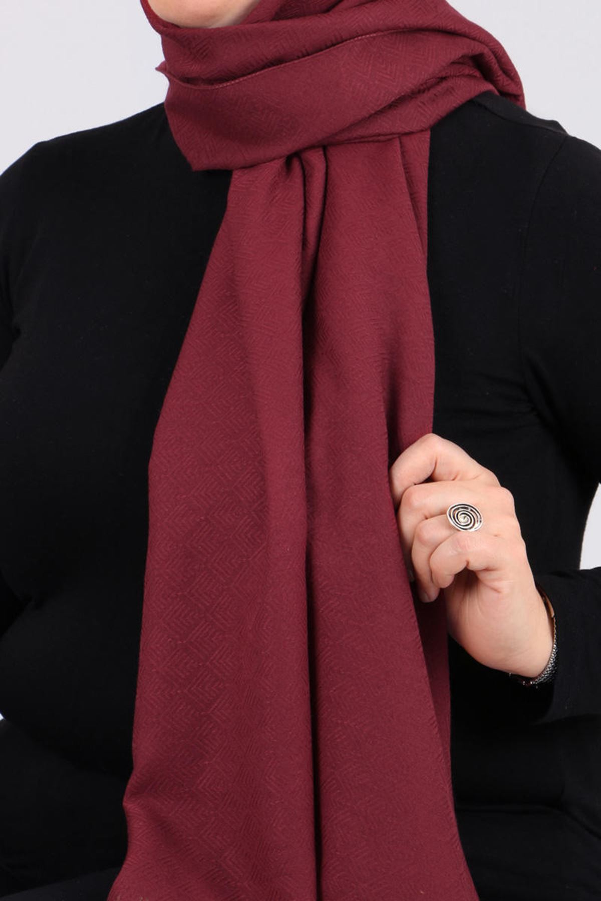 17074 Self-Patterned Cotton Shawl- Claret Red
