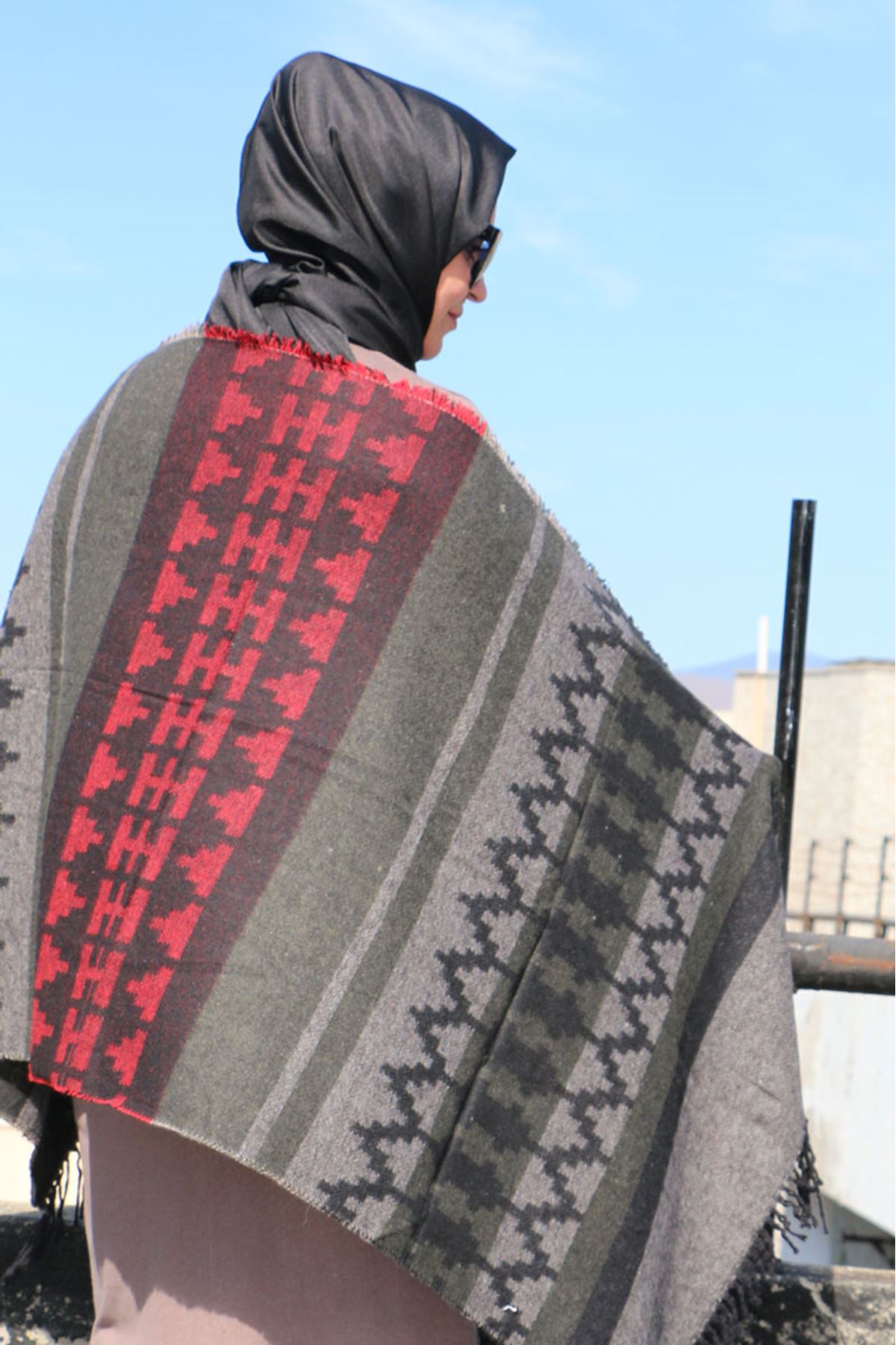 1655 Ethnic Patterned Shawl Wrap- Khaki