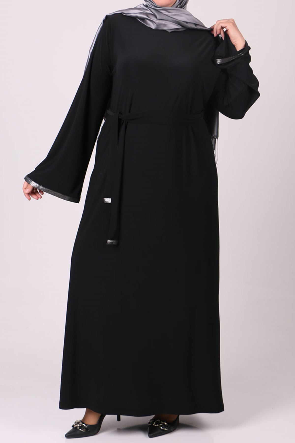 22010 Büyük Beden Kuşaklı Sandy Elbise - Siyah