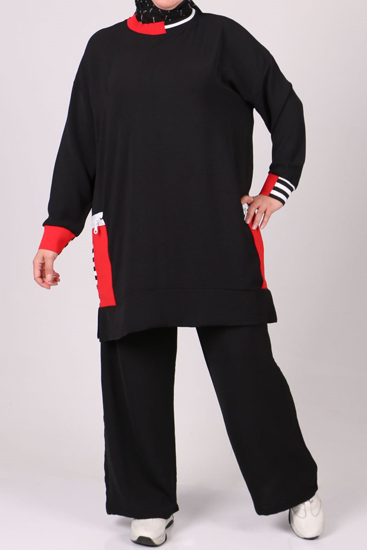 27002 Büyük Beden Ribanalı  Airobin Pantolonlu Takım - Siyah