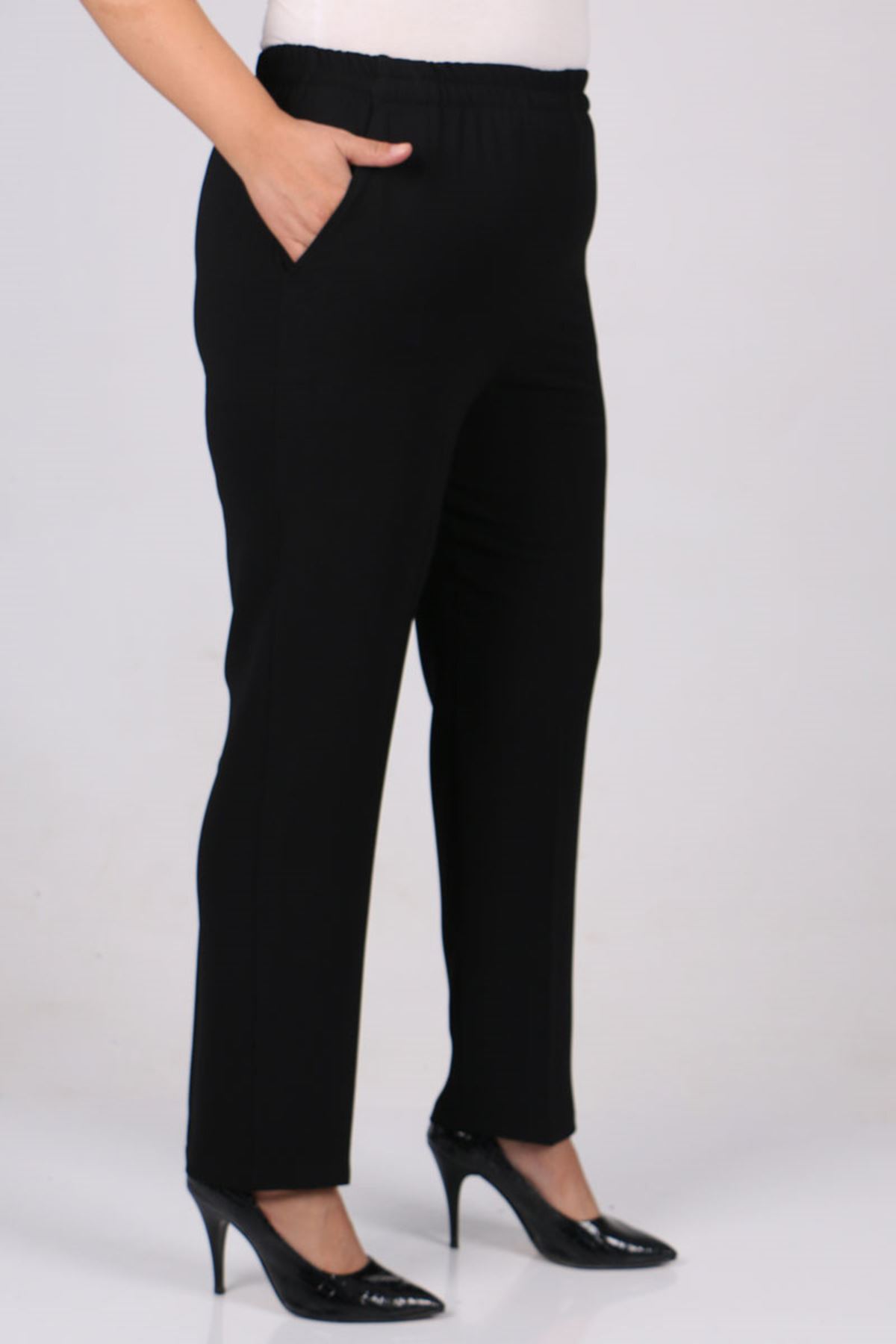 29016 Büyük Beden Beli Lastikli Boru Paça Krep Pantolon - Siyah