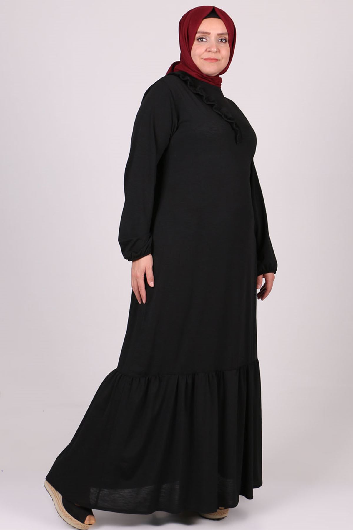 22015 Büyük Beden Fırfırlı Mina Elbise - Siyah