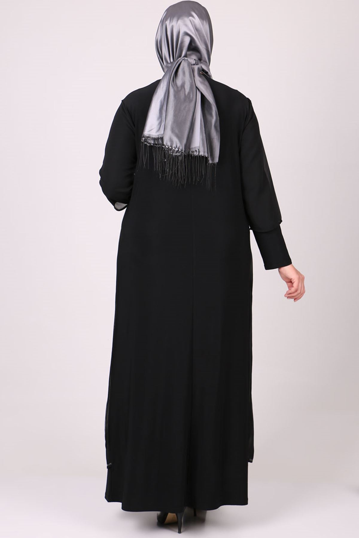 22000 Büyük Beden  Taş Baskılı Sandy Şifon Şık Elbise-Siyah