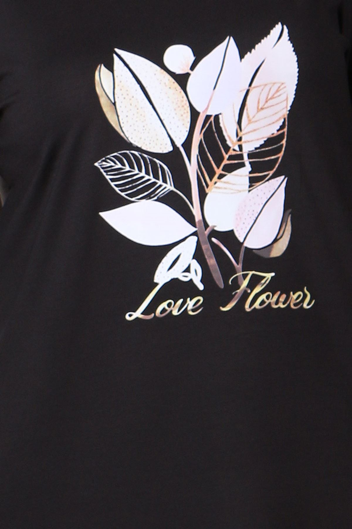 28042 Büyük Beden Love Flower Baskılı Penye Tunik - Siyah