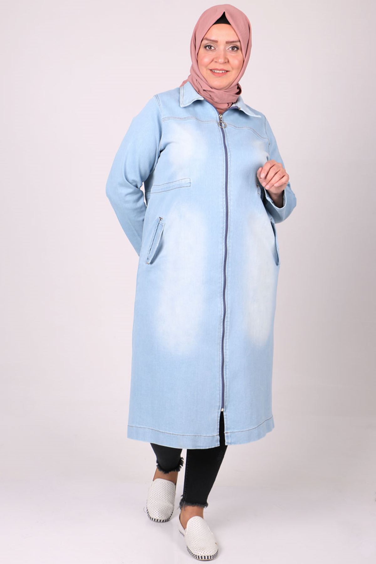 3198-2 Büyük Beden Tırnaklı Kot Ceket-Buz Mavi