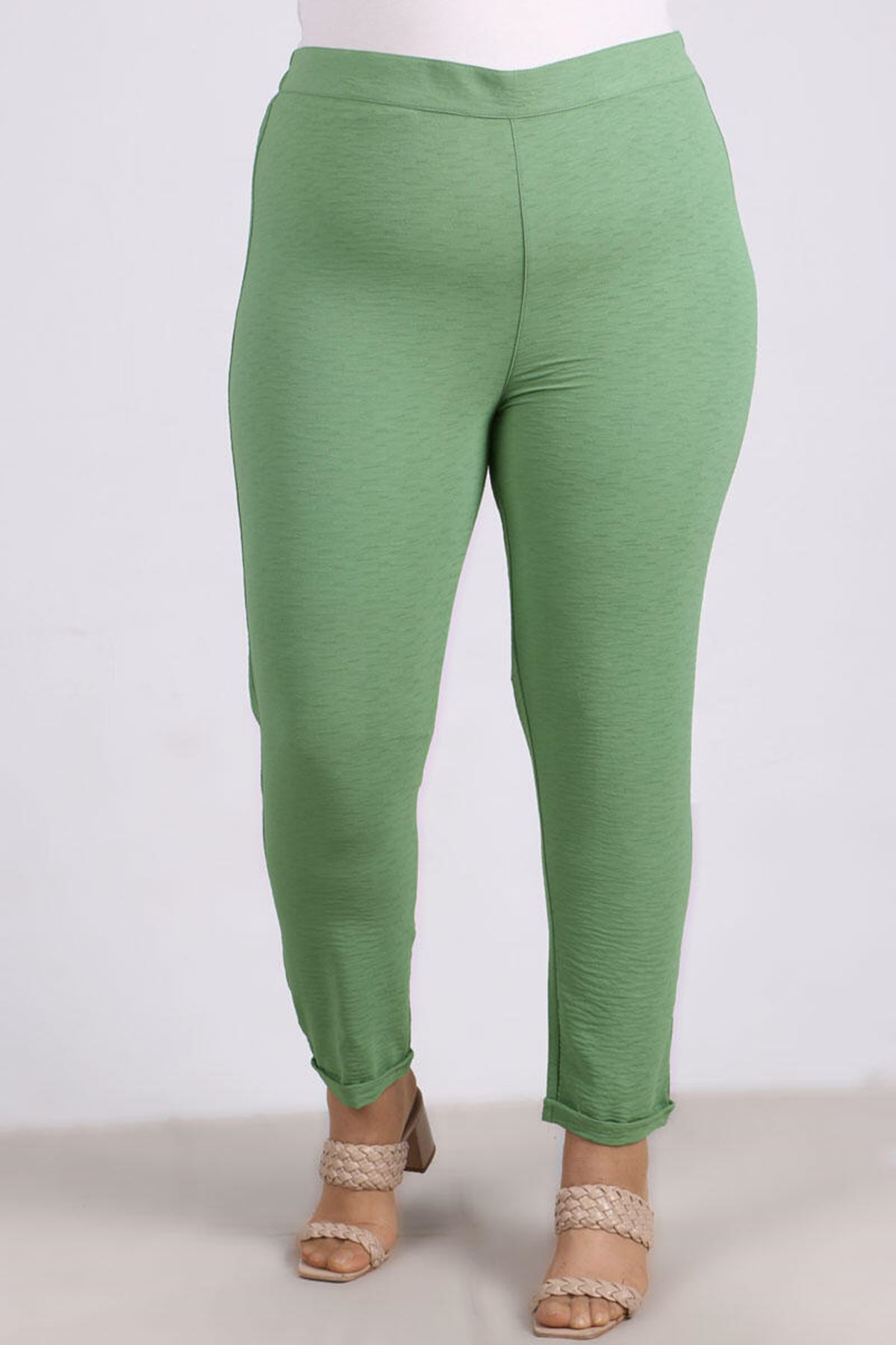9118 Plus Size Double Cuff Linen Pants- Naphtha Green