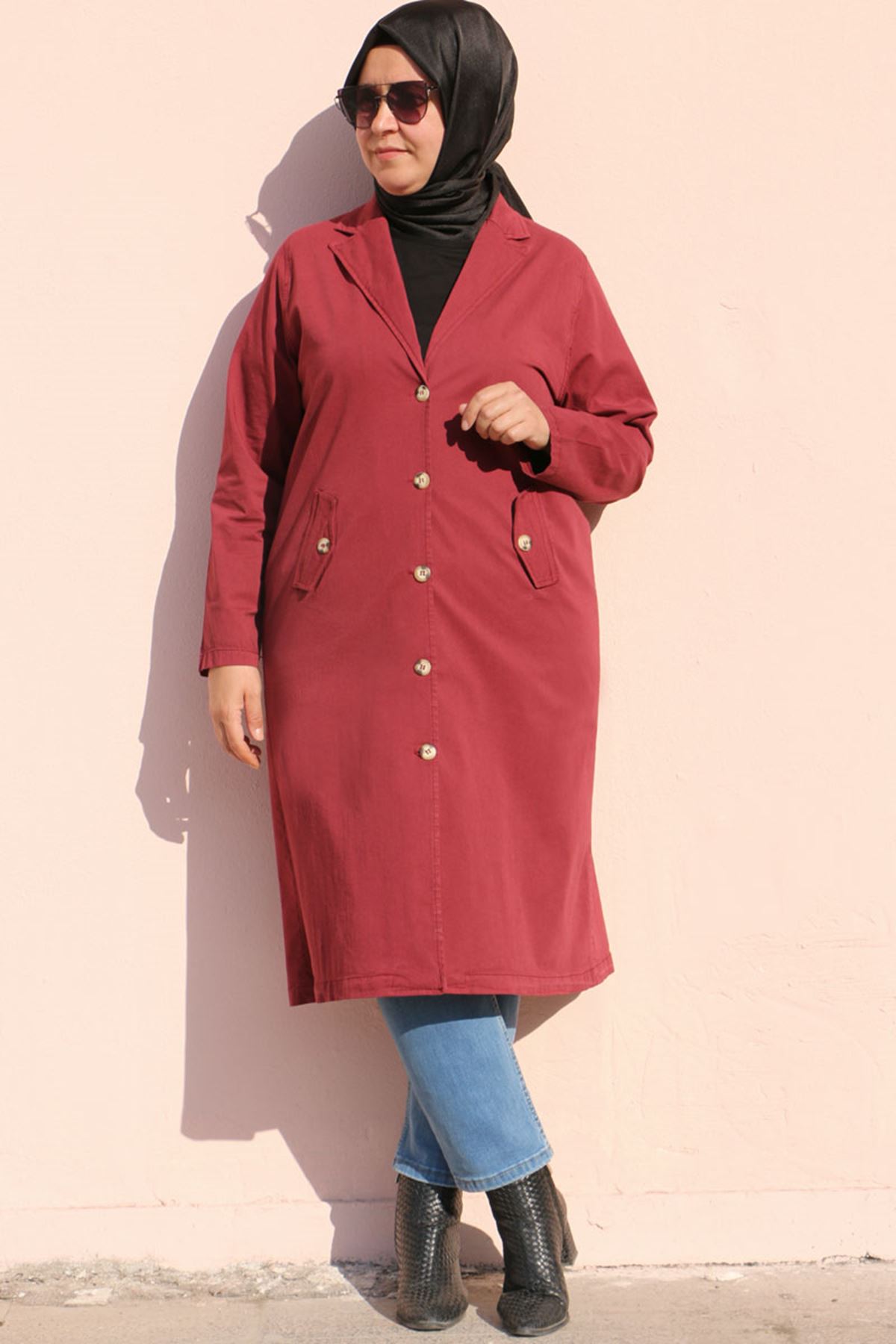 3089 Plus Size Pocket Detailed Coat- Claret Red