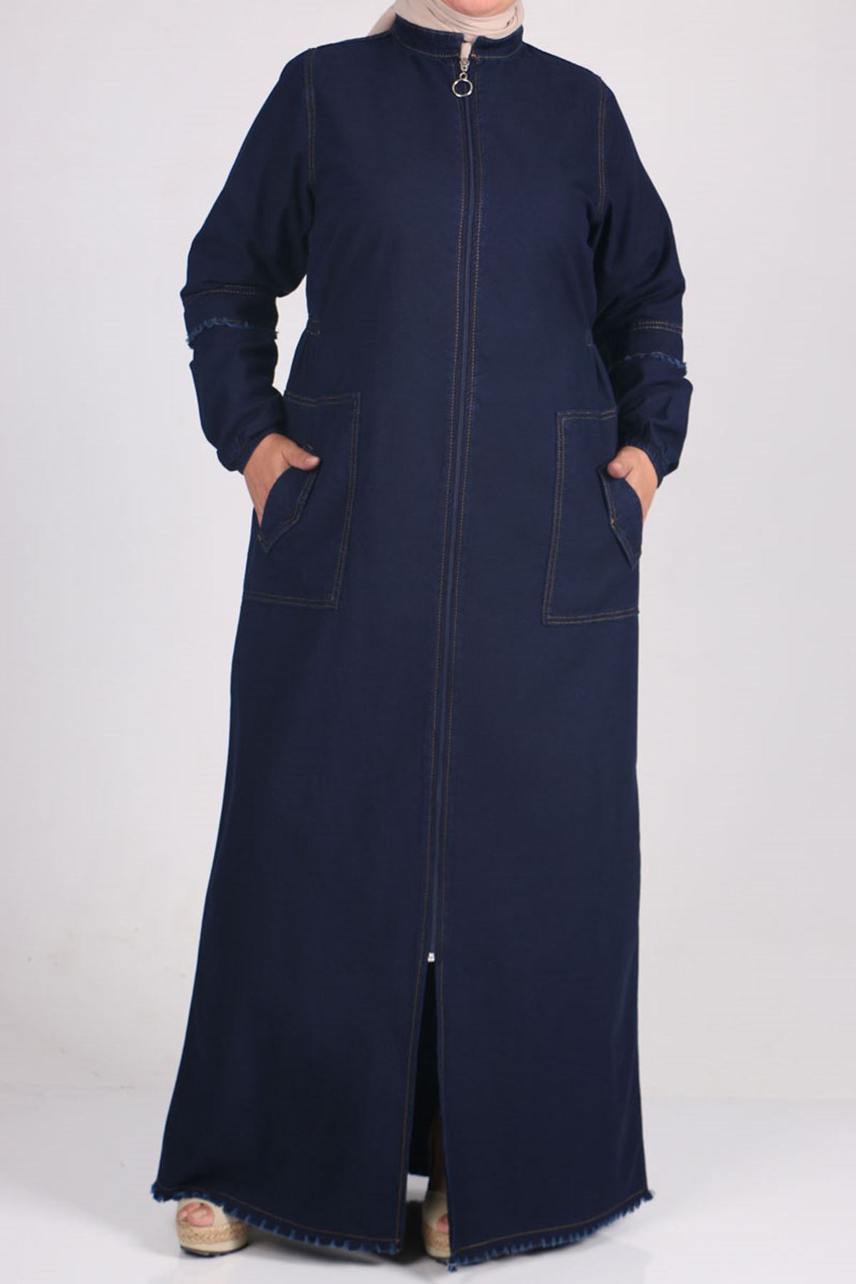 6043 Plus Size Zip-down Jeans Abaya - Navy Blue