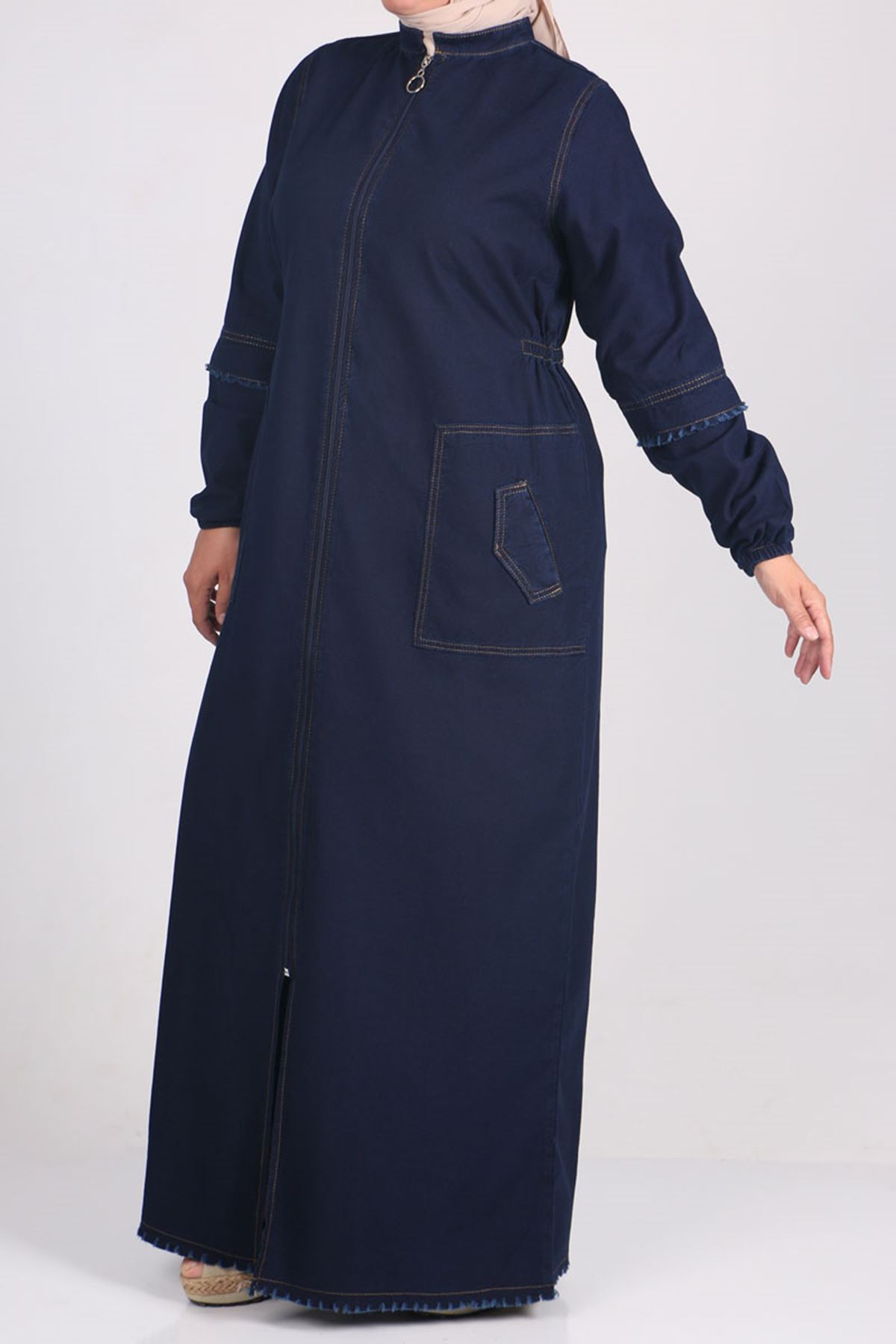 6043 Plus Size Zip-down Jeans Abaya - Navy Blue
