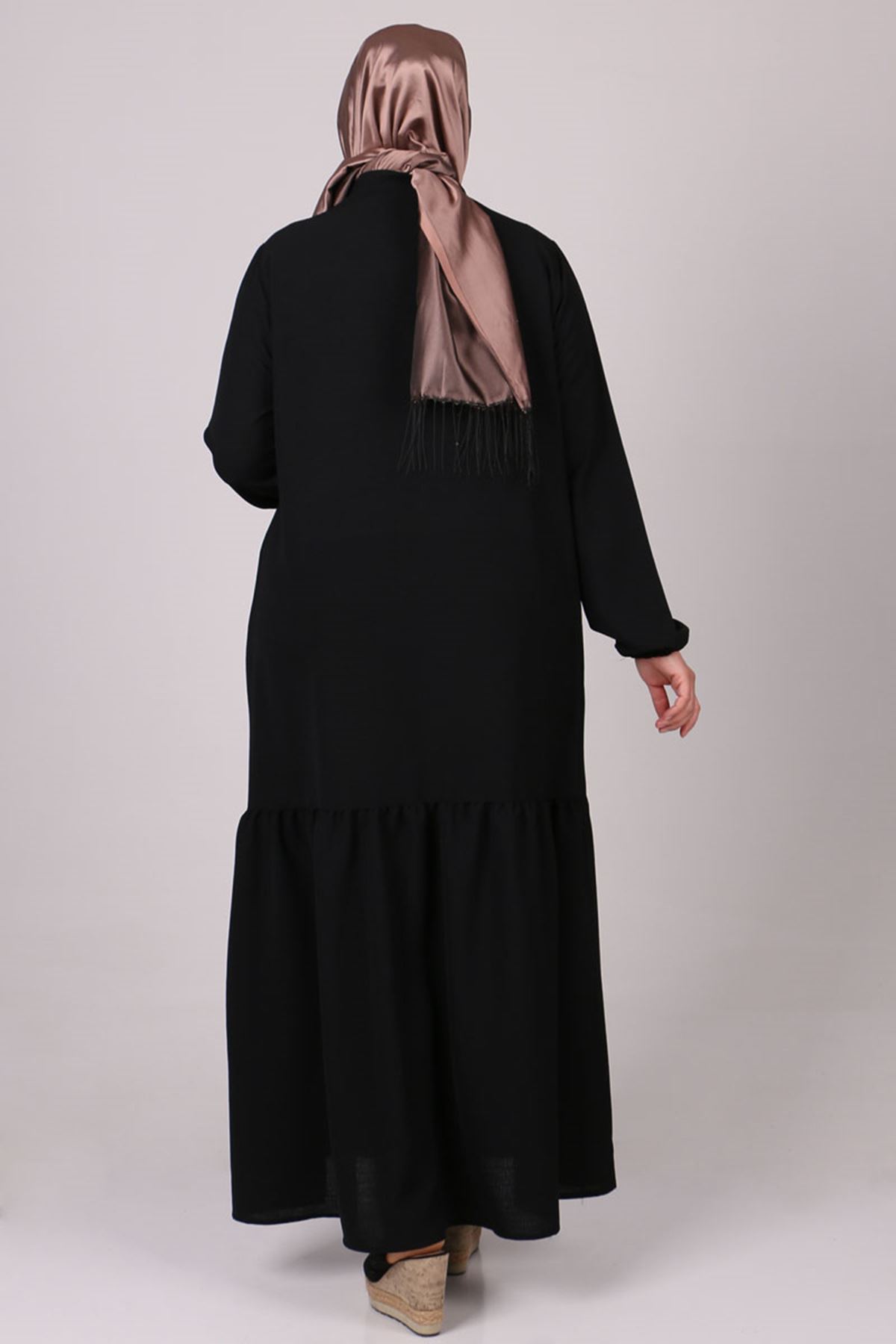 22001-1 Büyük Beden Önü Düğmeli Moskino Elbise - Siyah