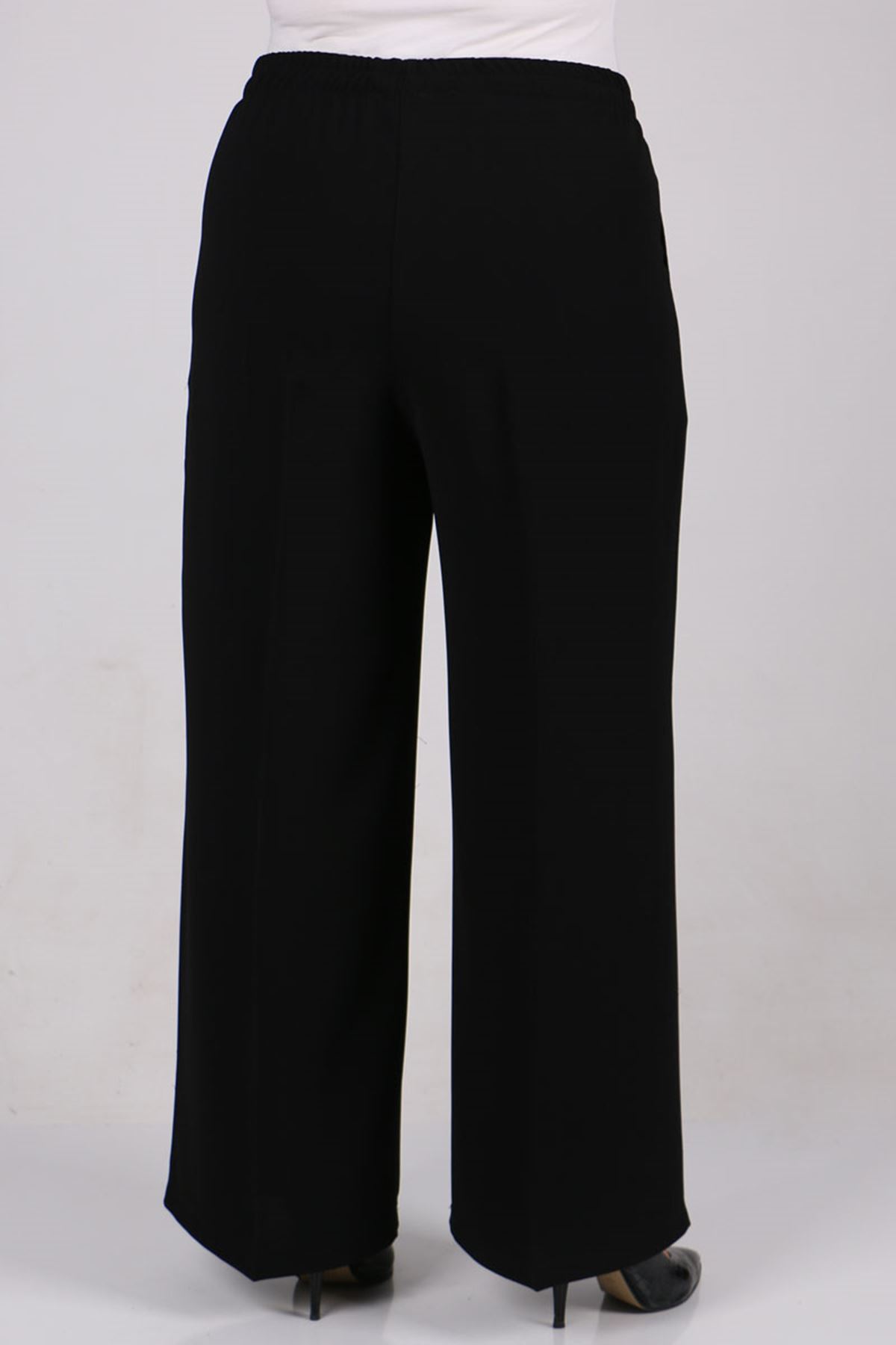 29015 Büyük Beden Beli Lastikli Çift Kat Krep Pantolon - Siyah