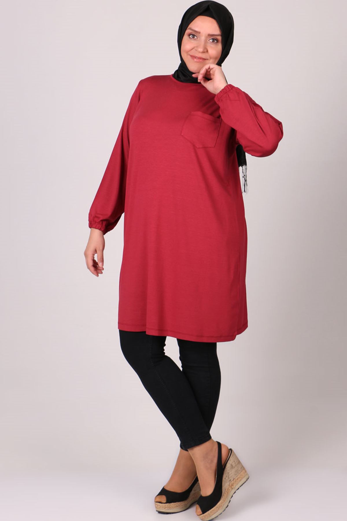 8252 Plus Size Pocket Detailed Tunic-Red