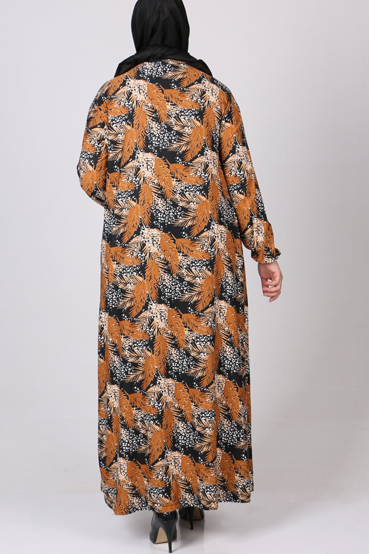 22023 Büyük Beden Kolu Lastikli Örme Krep Elbise - Safran Yapraklı