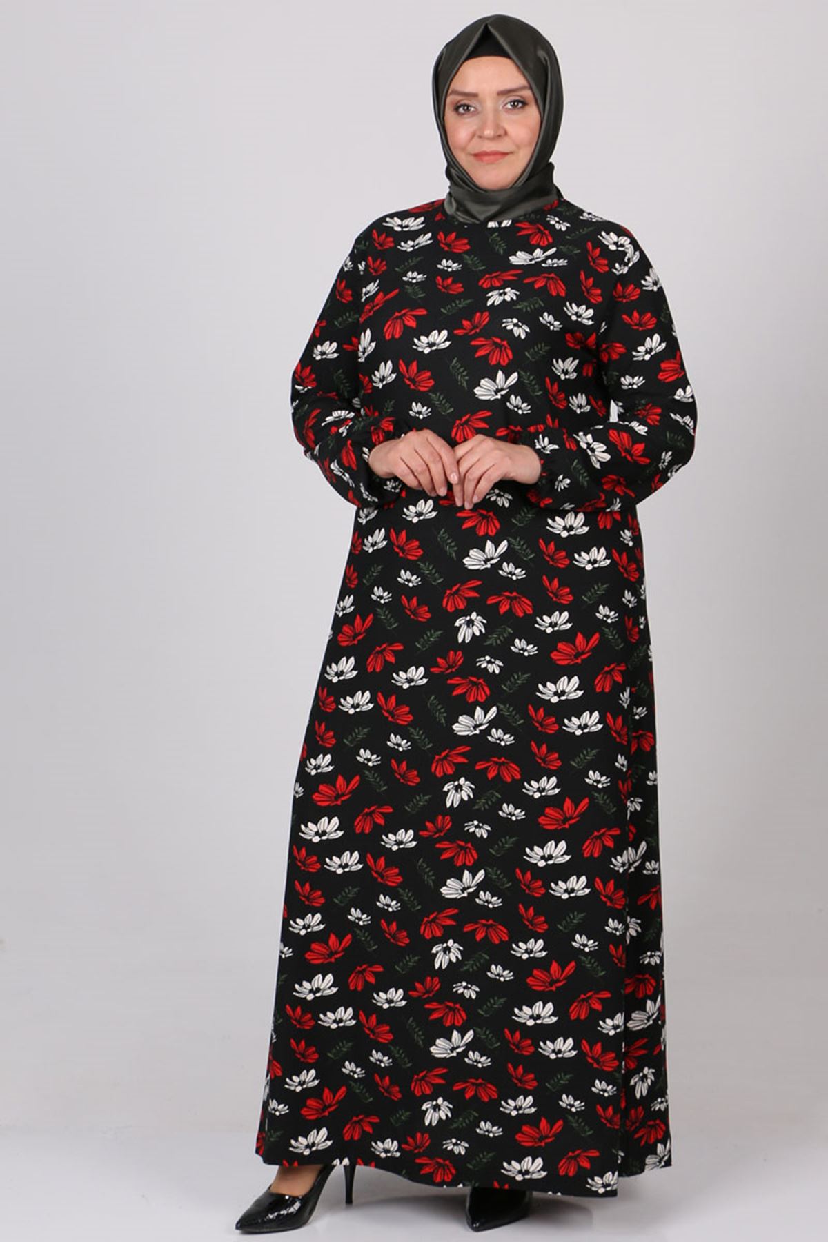 22023 Büyük Beden Kolu Lastikli Örme Krep Elbise - Kırmızı Çiçekli