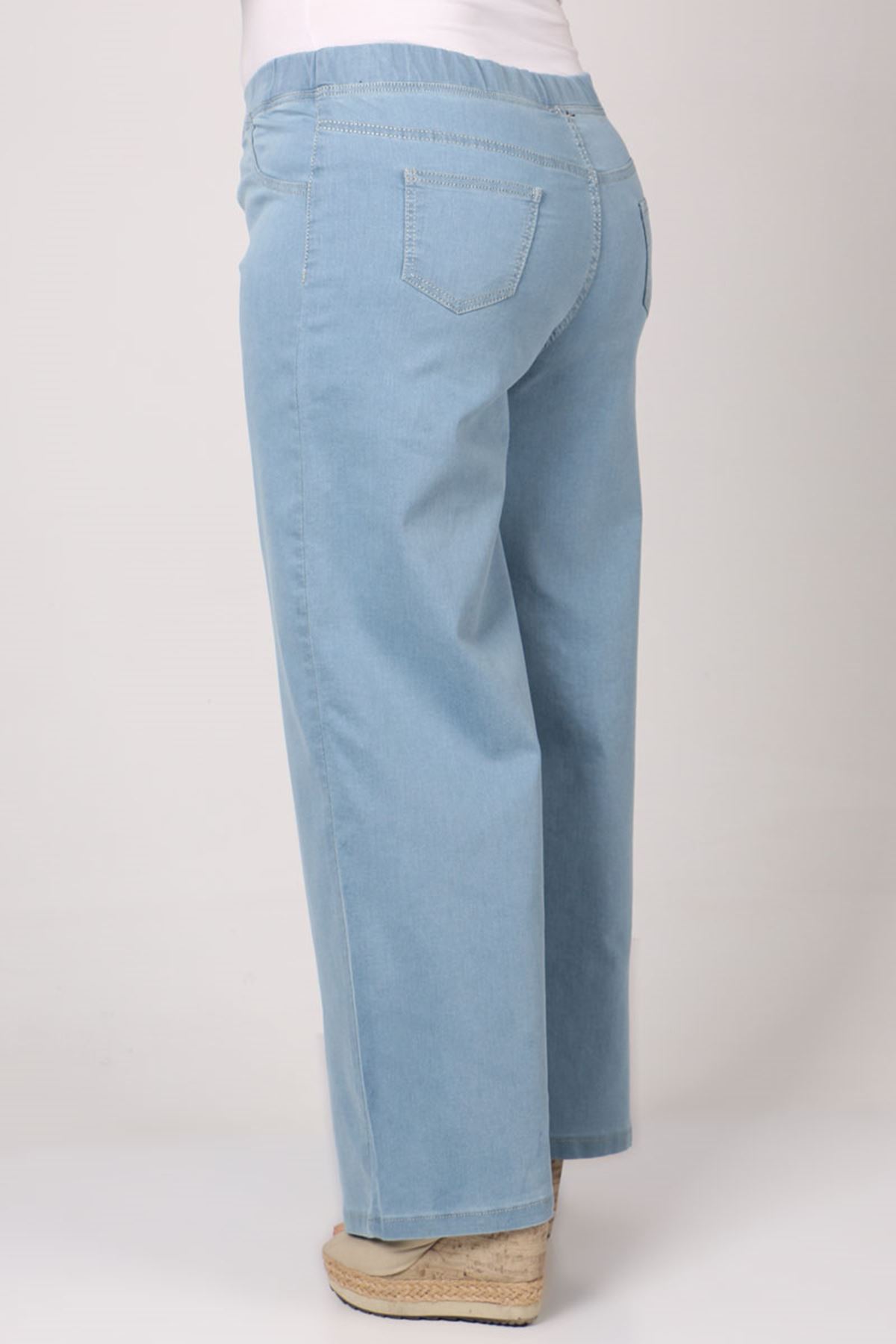 9182-1 Büyük Beden Beli Lastikli Bol Paça Kot Pantolon - Buz Mavi