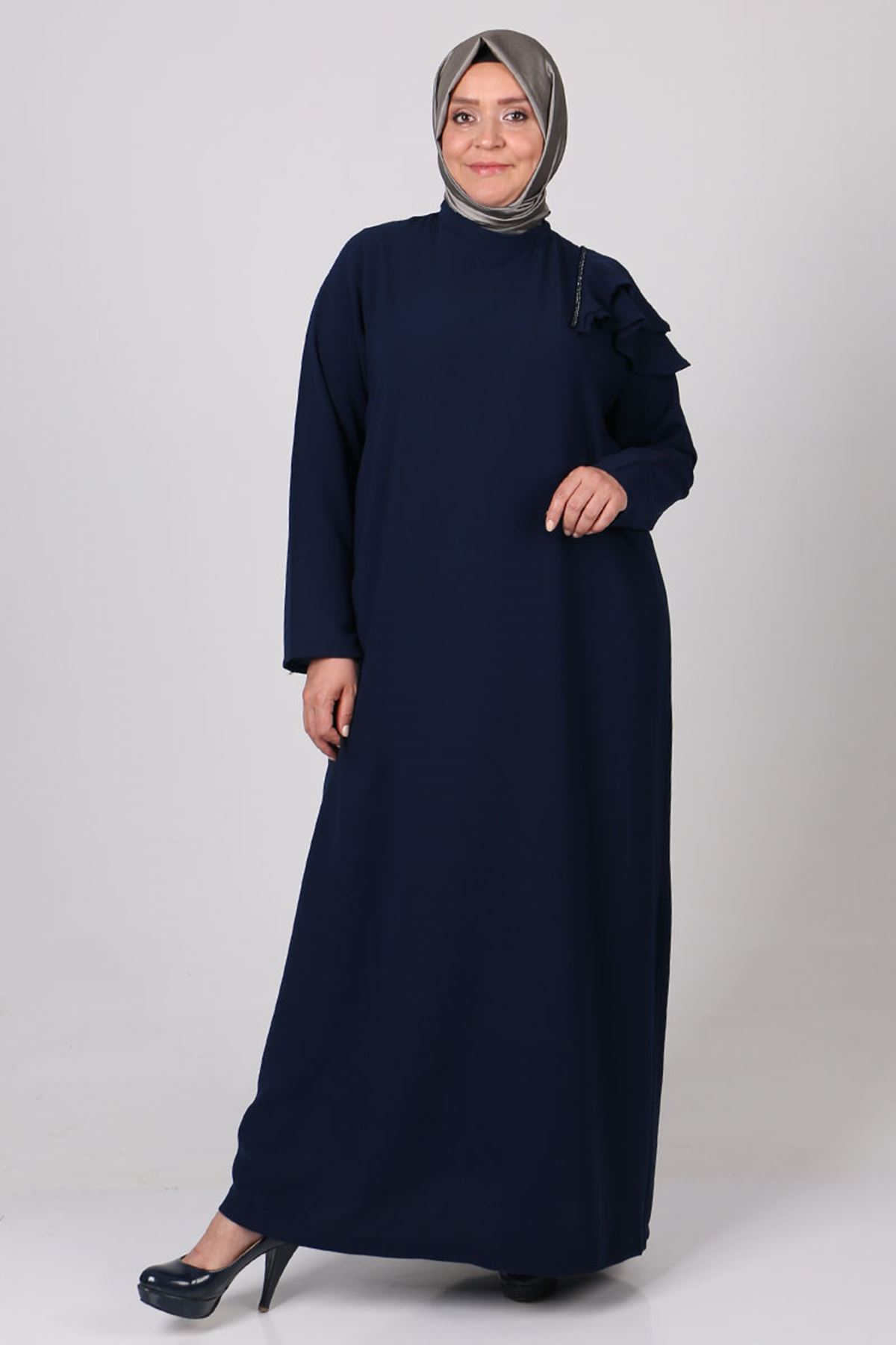 22022 Büyük Beden Omuz Volan Detaylı Krep Elbise - Lacivert