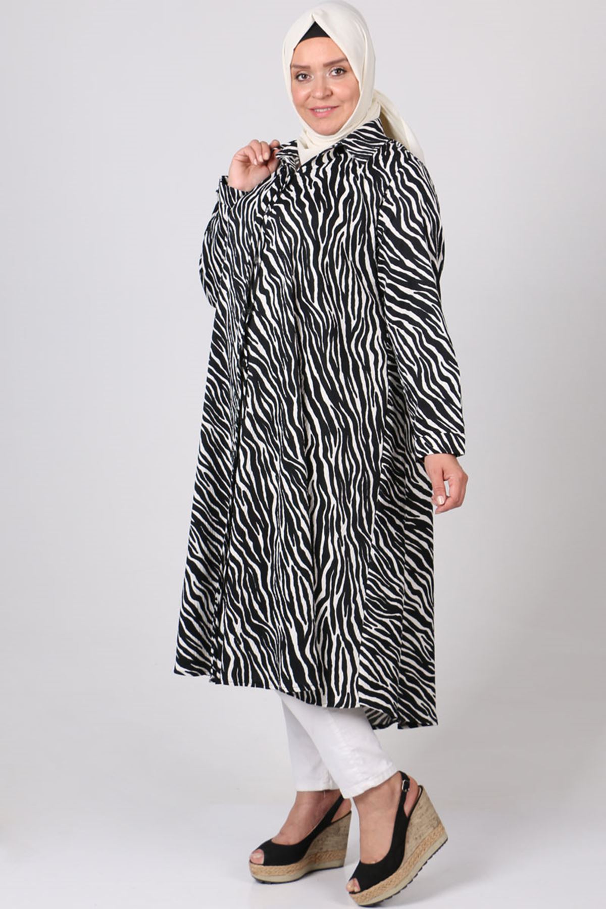 28061 Büyük Beden Desenli Bürümcük Gömlek Tunik - Zebra