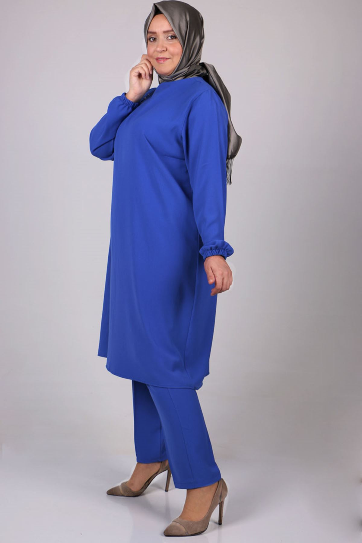 27019 Büyük Beden Taş Baskılı Çift Kat Krep Pantolonlu Takım-Mavi