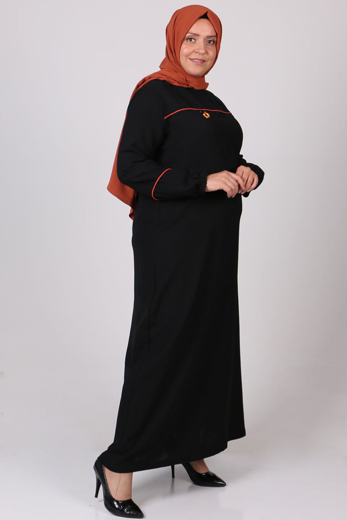 22025 Büyük Beden Renkli Biyeli Moskino Elbise - Siyah
