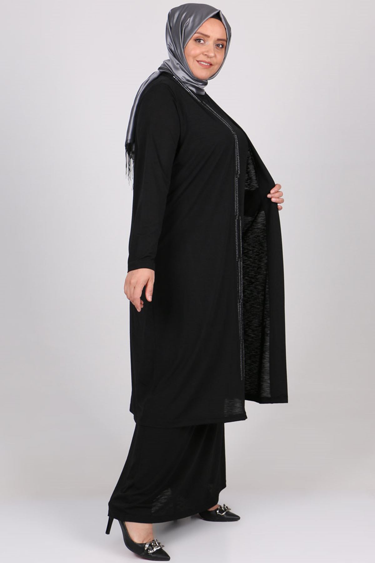 27201 Büyük Beden Mina Taş Baskılı Ceketli Elbise Takım - Siyah