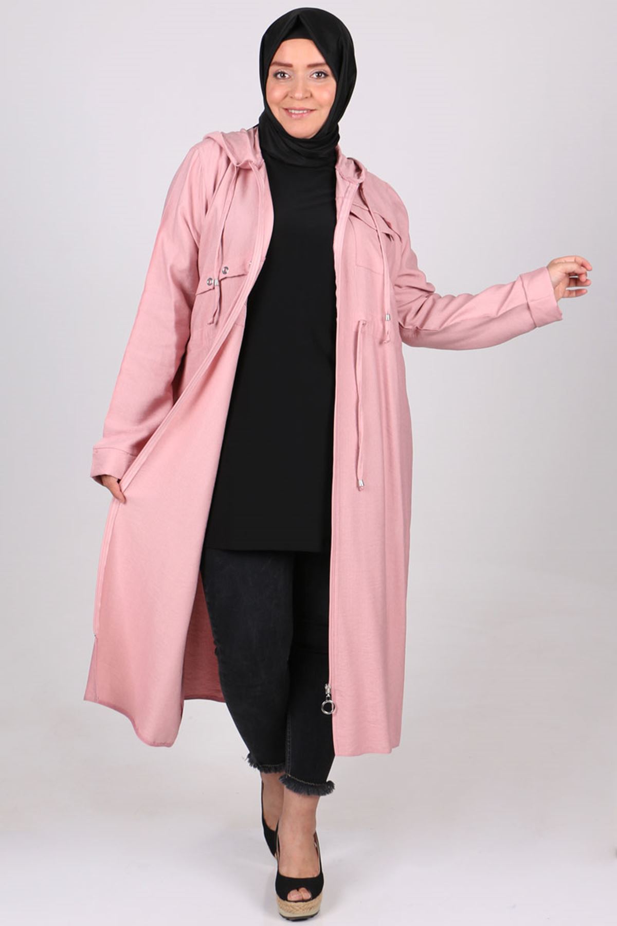 3143 Plus Size Hooded Rayon Lİnen Coat -Navy  Blue