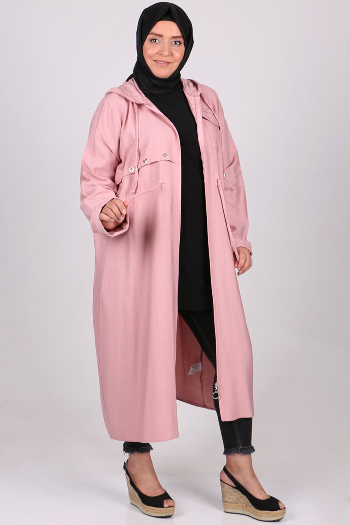 3143 Plus Size Hooded Rayon Lİnen Coat -Navy  Blue