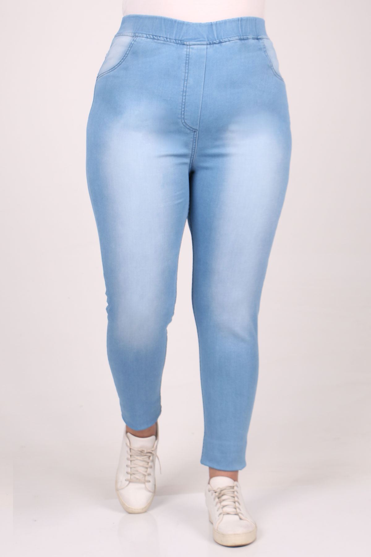 9184-3 Büyük Beden Beli Lastikli Taşlamalı  Dar Paça Kot Pantolon - Buz Mavi