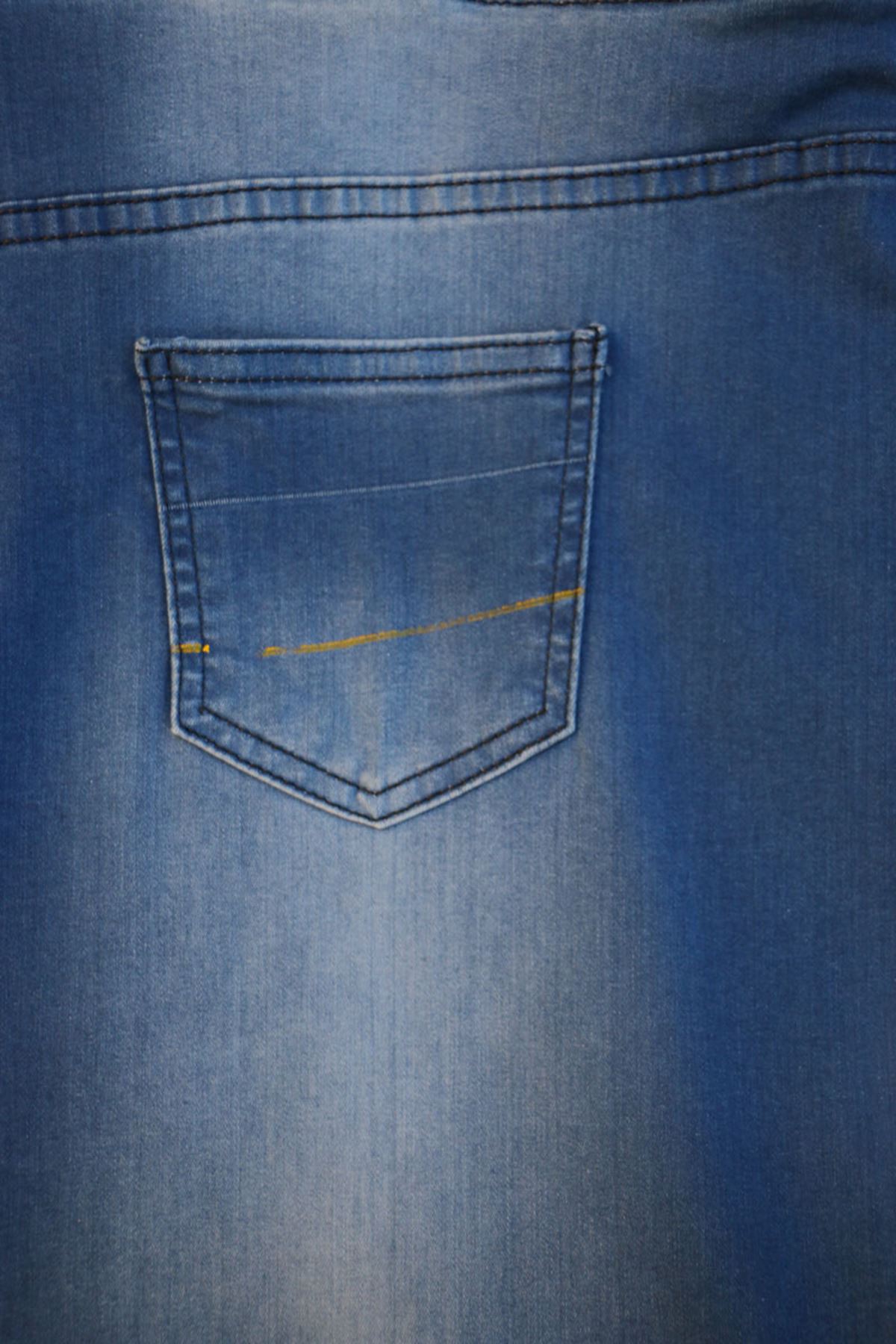 D-9184-4 Büyük Beden Beli Lastikli Taşlı Tırnaklı Dar Paça Defolu Kot Pantolon-Mavi 