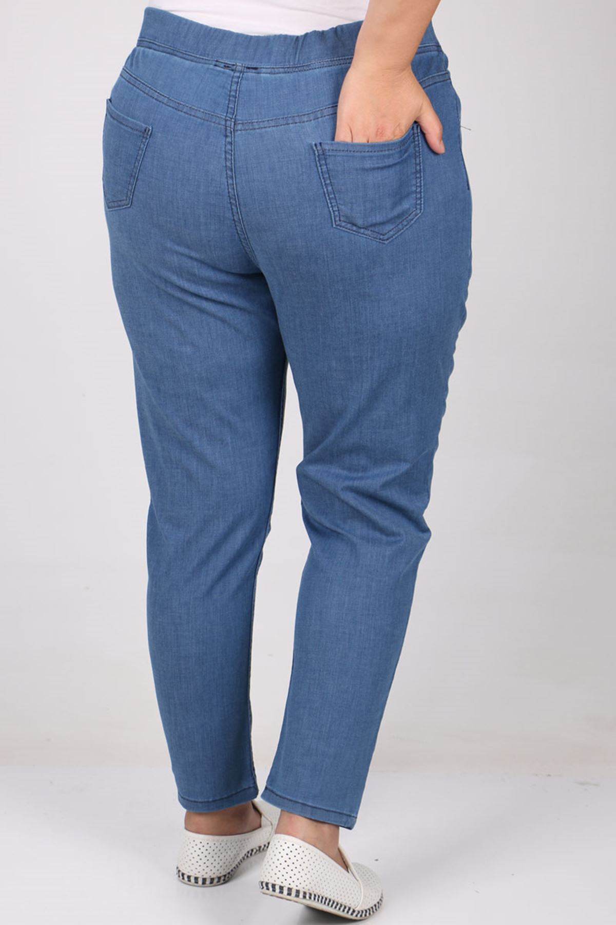 9109-16 Büyük Beden Beli Lastikli Dar Paça Kot Pantolon-Açık Mavi