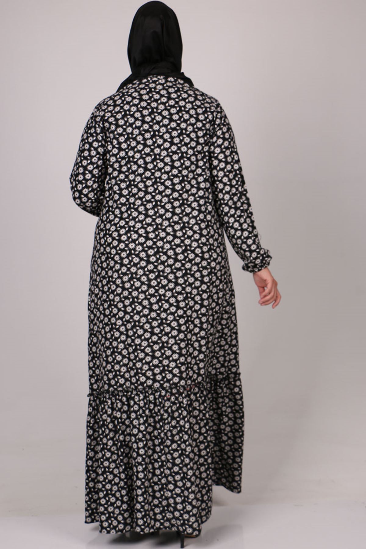22030 Büyük Beden Süet Fırfırlı Elbise-Çiçekli Siyah
