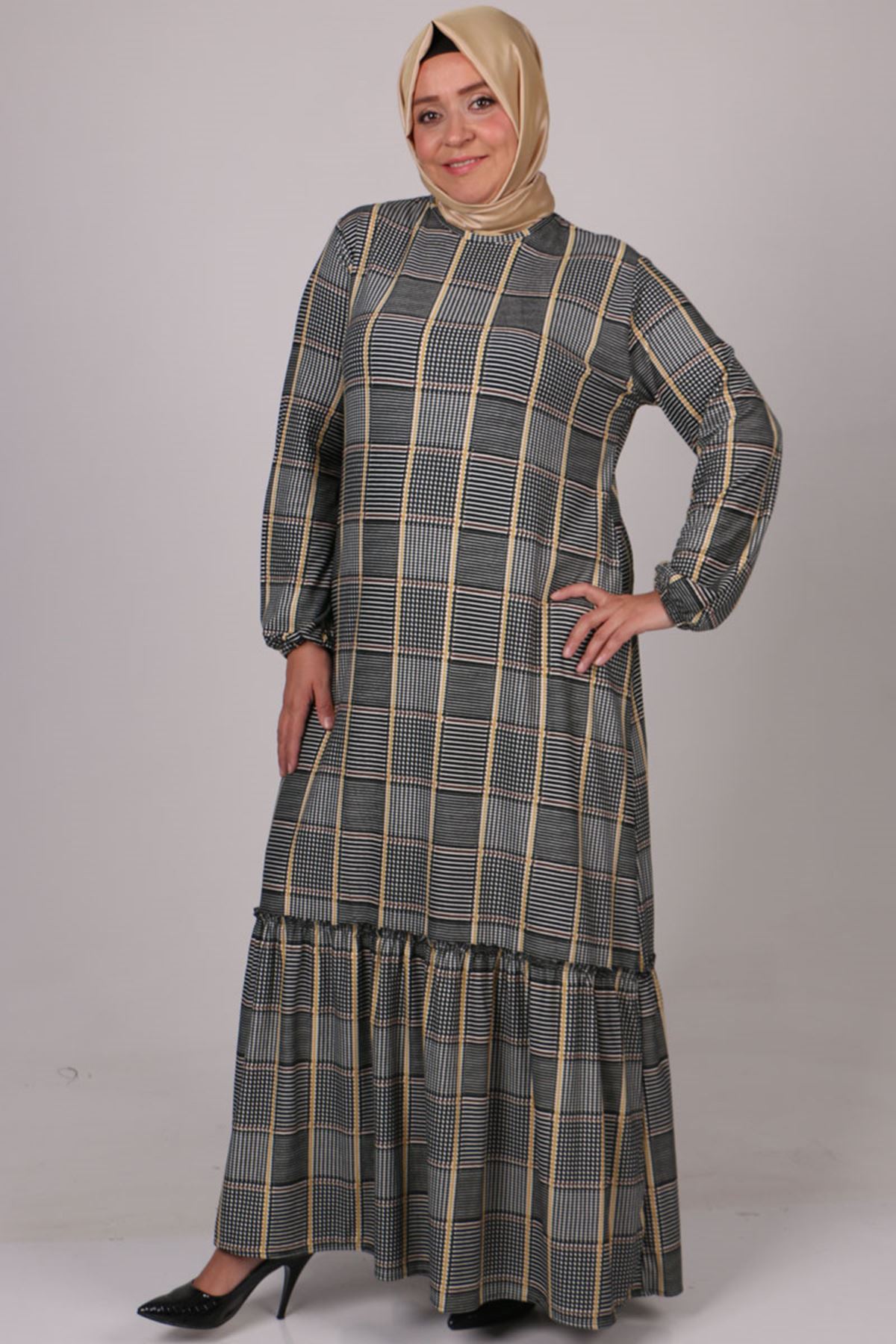 22030 Büyük Beden Süet Fırfırlı Elbise-Haki Desenli