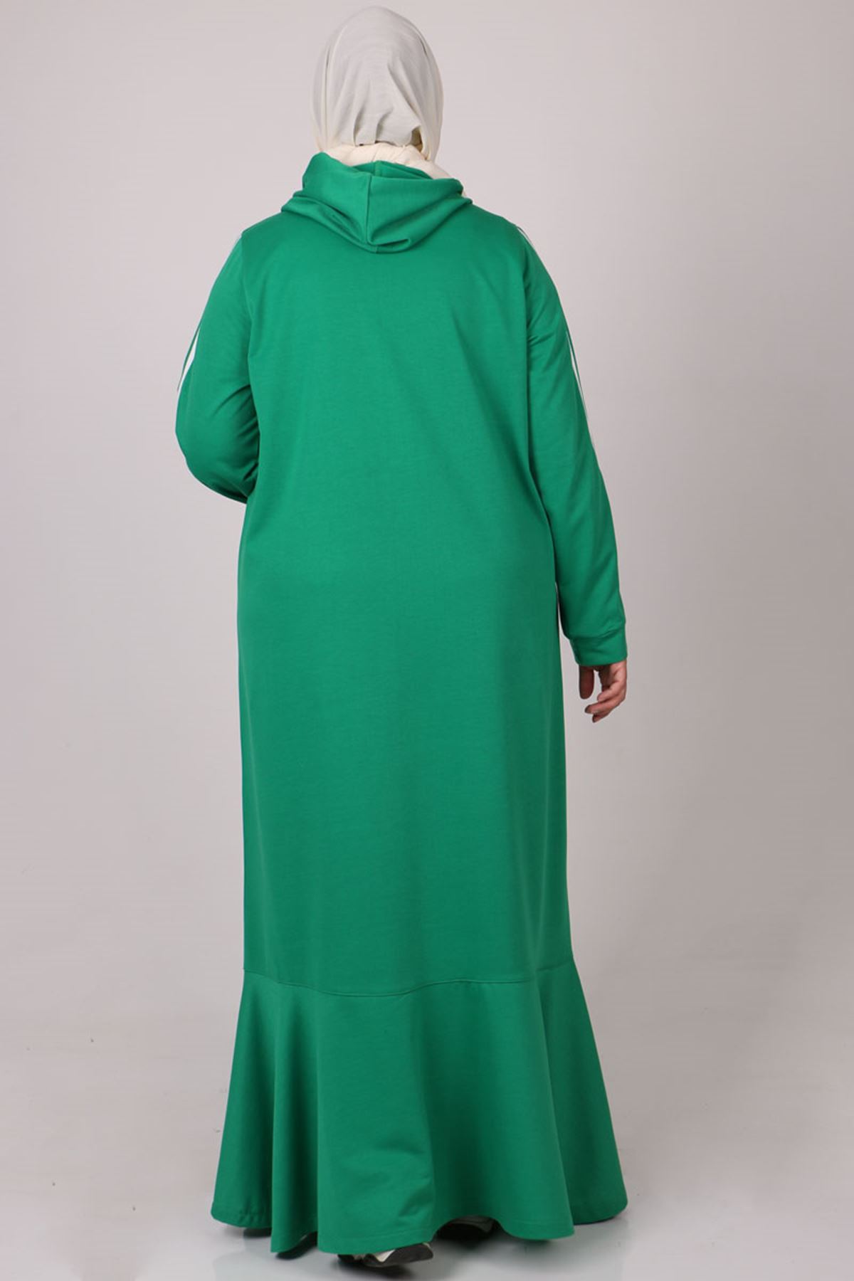 22033 Büyük Beden Kapüşonlu İki İplik Elbise - Benetton Yeşili