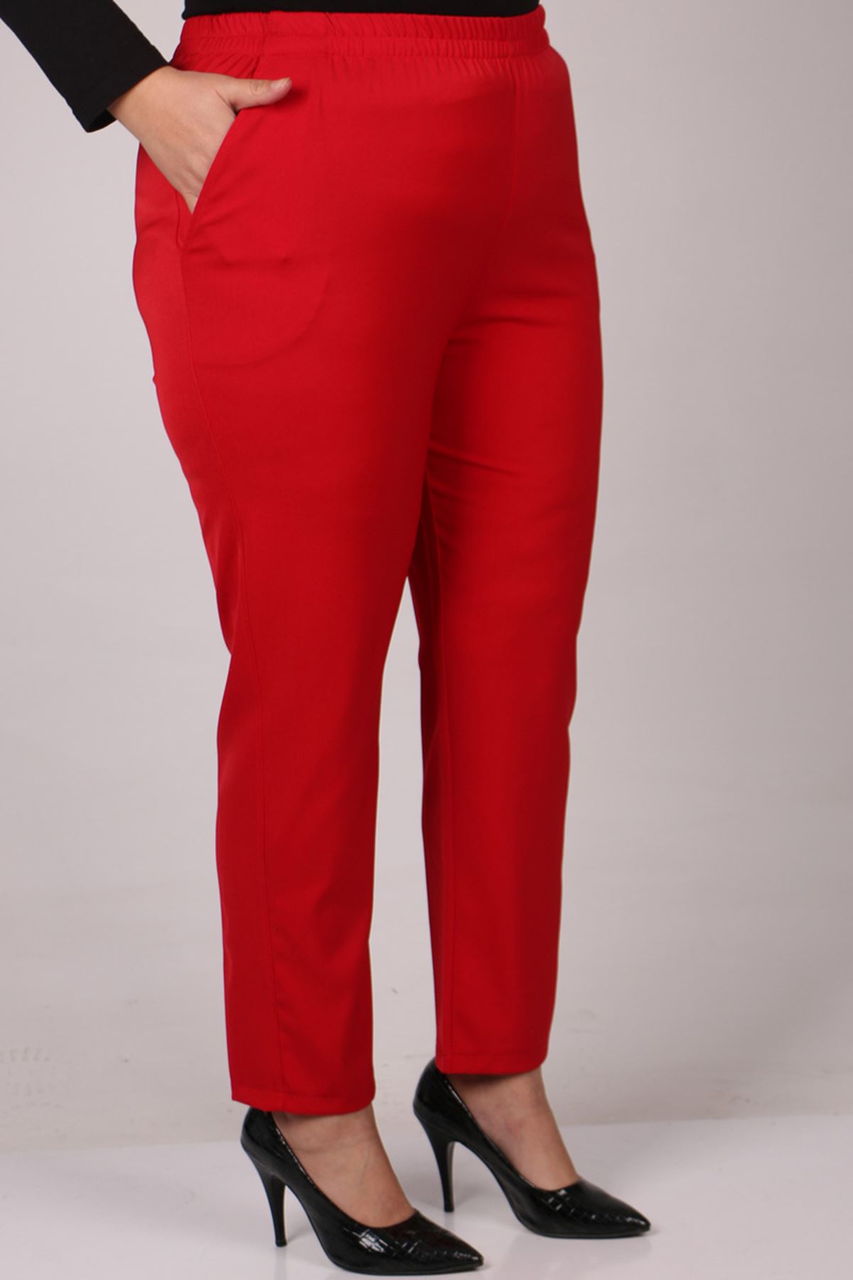 29020 Büyük Beden Beli Lastikli Boru Paça En Boy Pantolon - Kırmızı