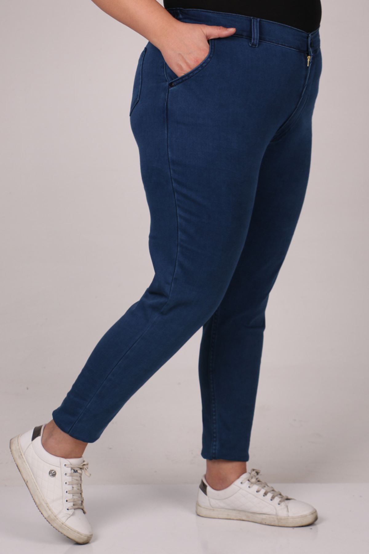29028 Büyük Beden Beli Lastikli Uzun Boy Dar Paça Kot Pantolon - Koyu Mavi