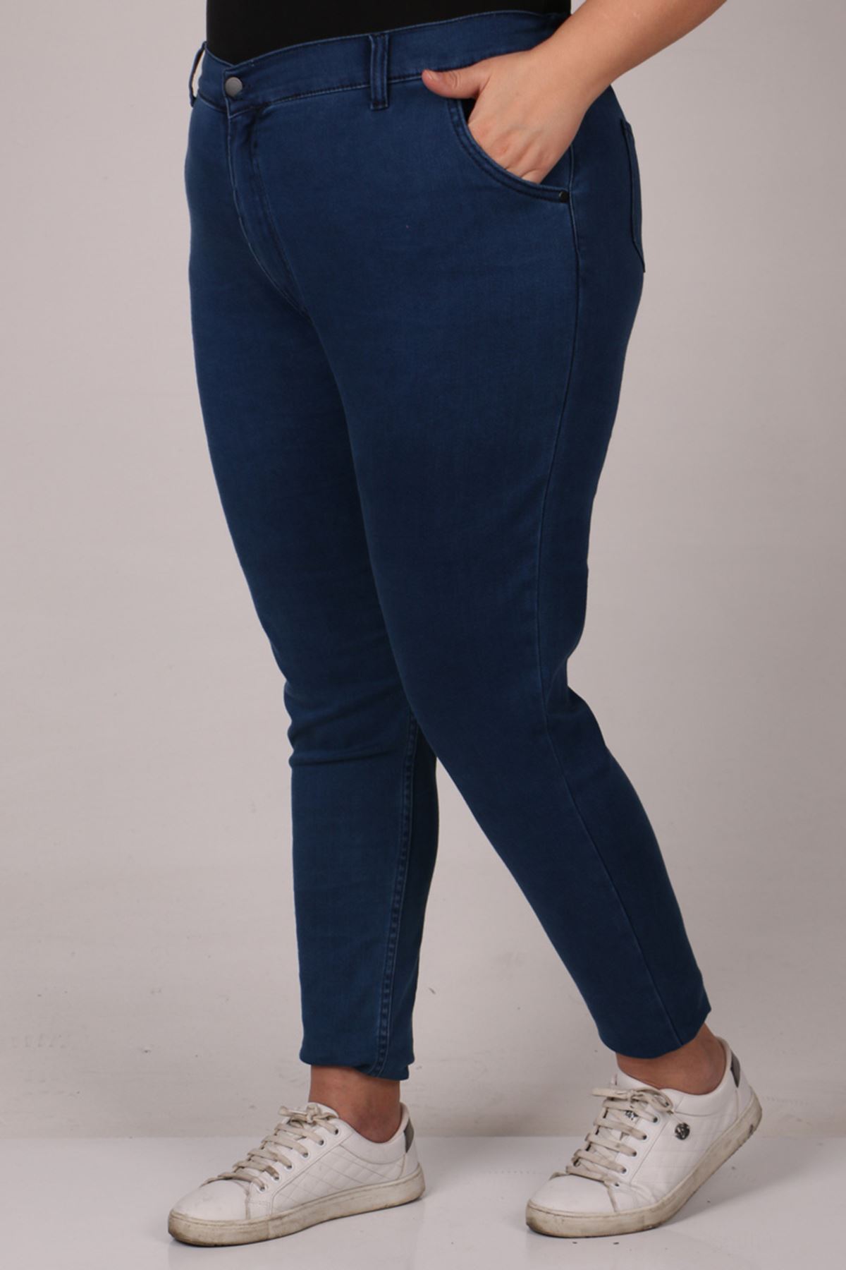29028 Büyük Beden Beli Lastikli Uzun Boy Dar Paça Kot Pantolon - Koyu Mavi