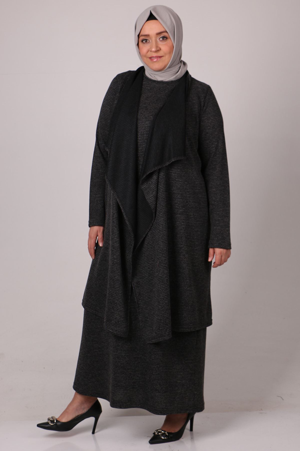 27205 Büyük Beden Ceketli Takım Triko Elbise-Siyah