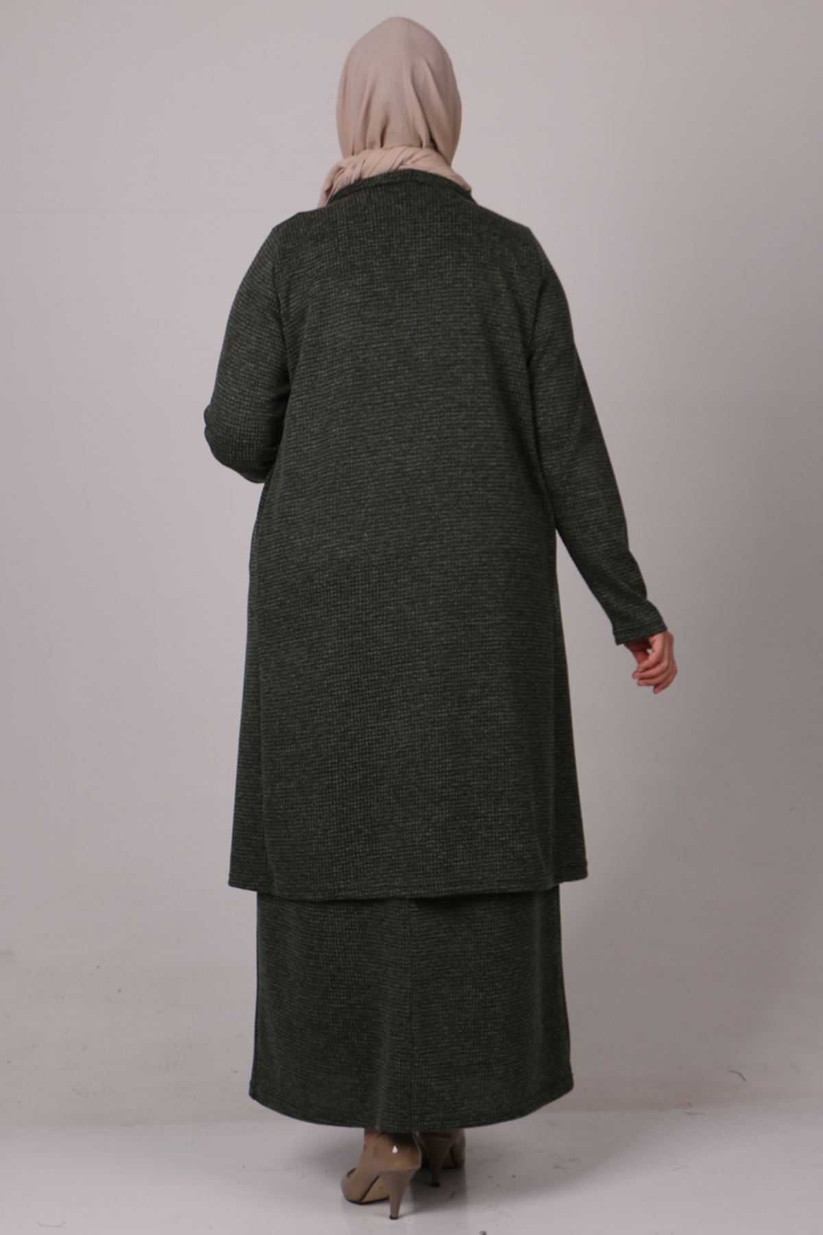 27205 Büyük Beden Ceketli Takım Triko Elbise-Haki