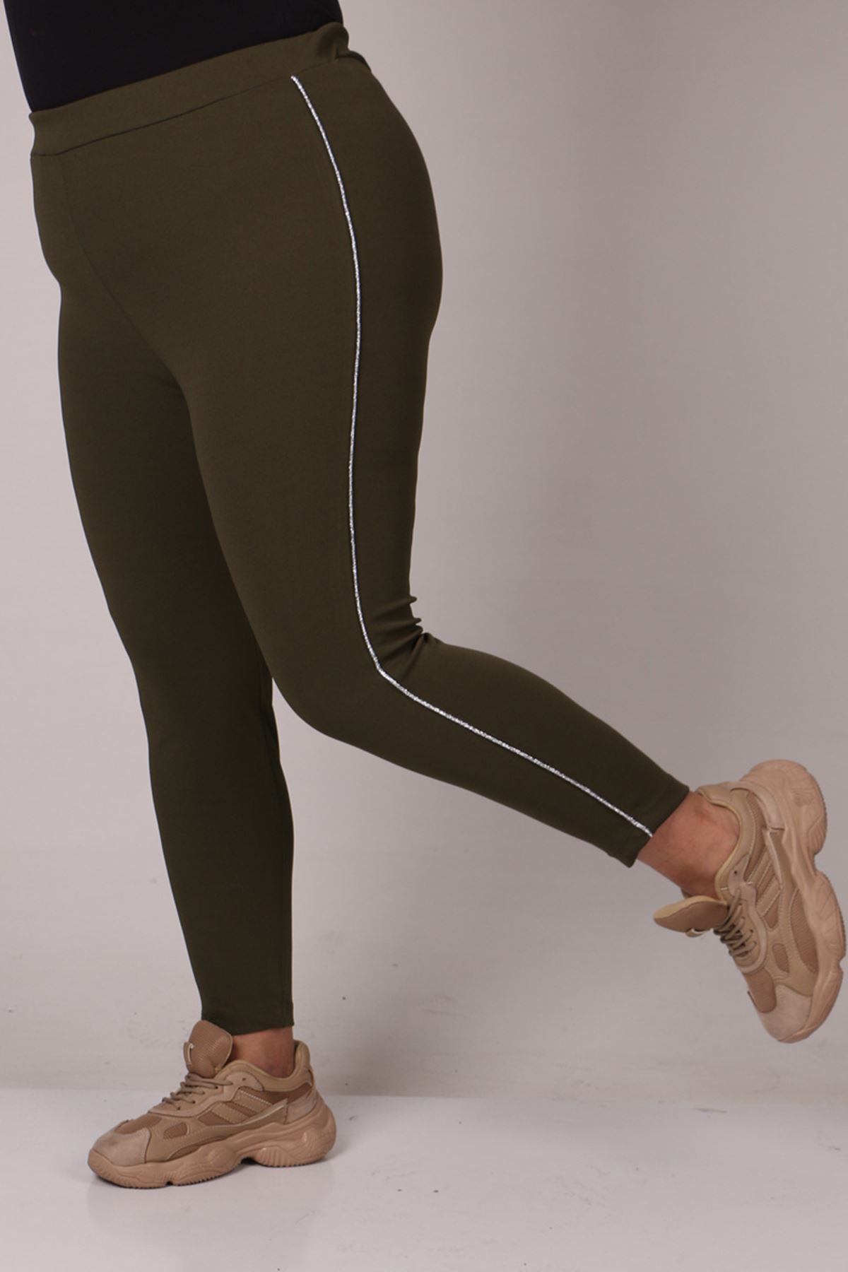 29506 Plus Size Scuba Leggings with Side Stripes - Khaki - Eslina