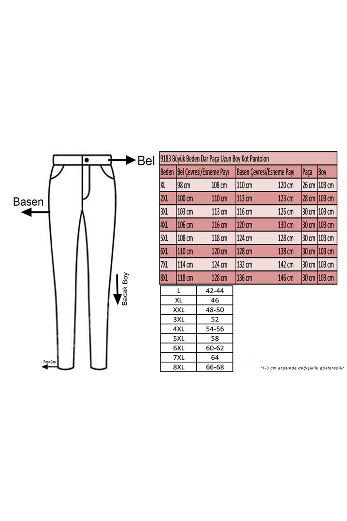 9183 Büyük Beden Dar Paça Uzun Boy Kot Pantolon - Taşlamalı Lacivert
