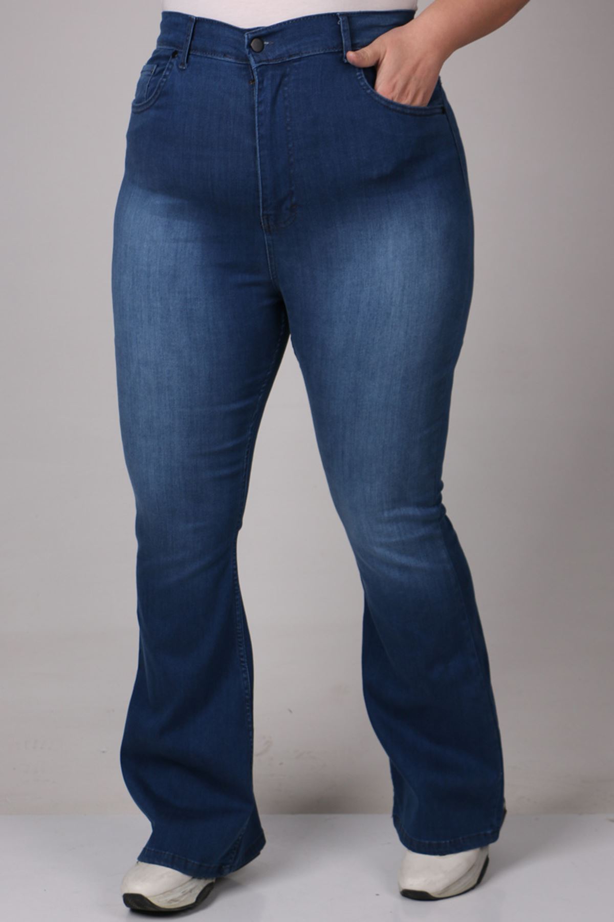 9110-3 Büyük Beden İspanyol Paça Kot Pantolon -Taşlamalı  Mavi 