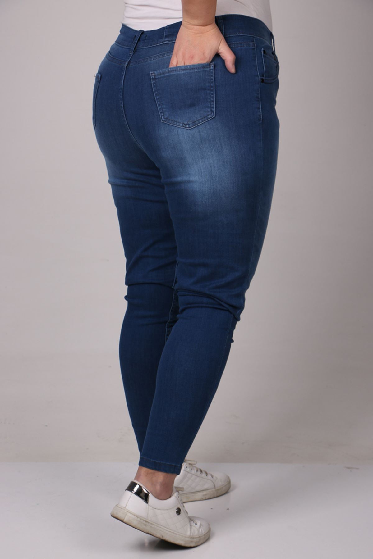9183 Büyük Beden Dar Paça Uzun Boy Kot Pantolon - Taşlamalı Mavi