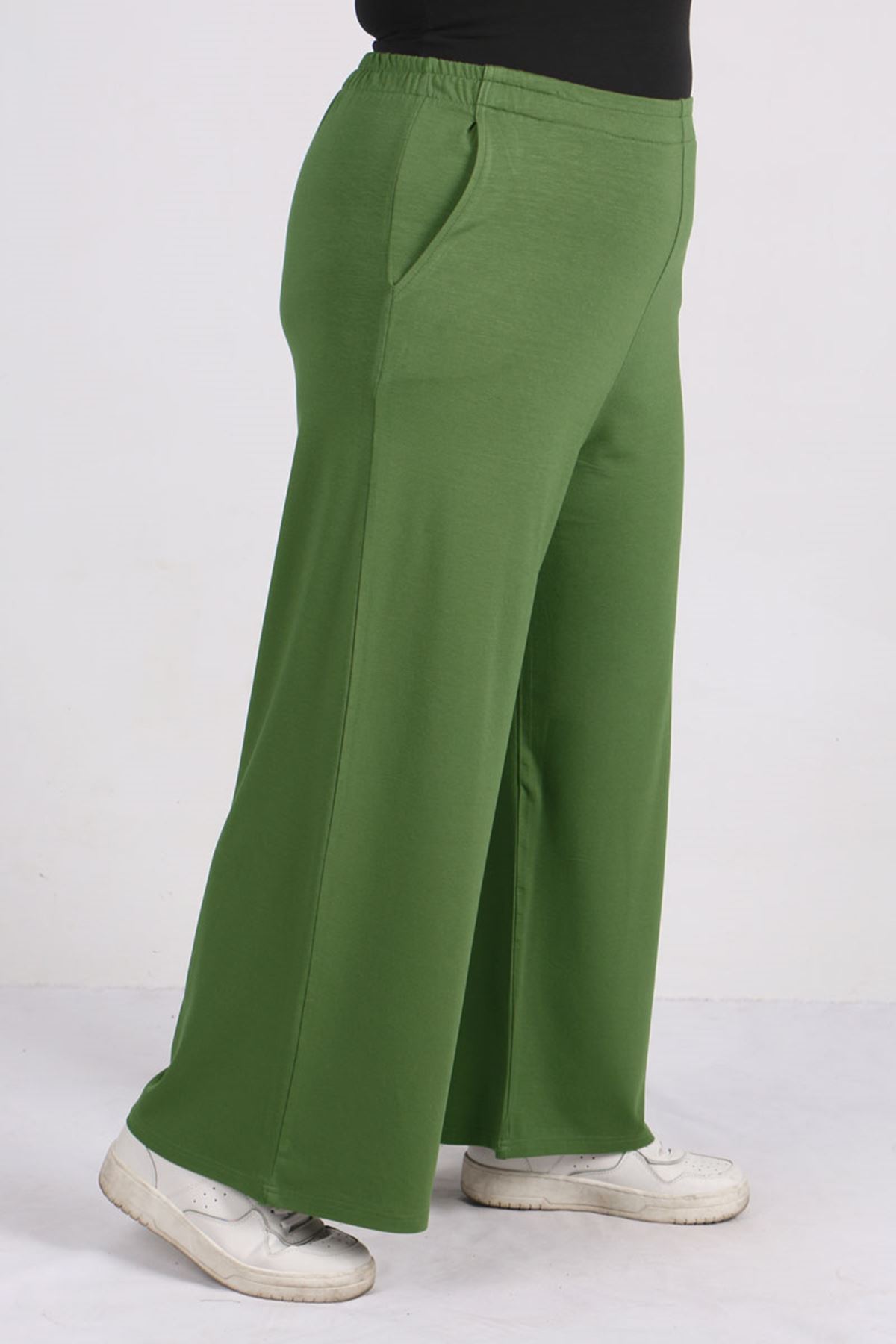 39000 Büyük Beden Yüksek Beli Lastikli Penye Pantolon -Yeşil 