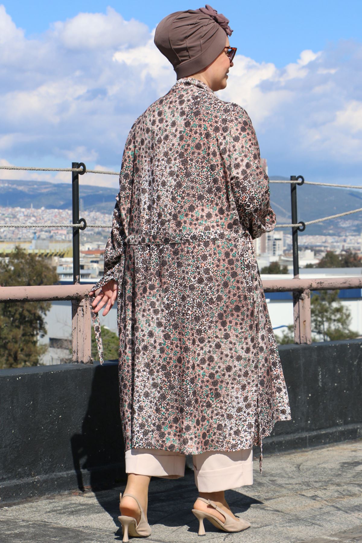 33014 Büyük Beden Desenli  Jesica Kolu Lastikli Kimono- Sütlü Kahverengi 